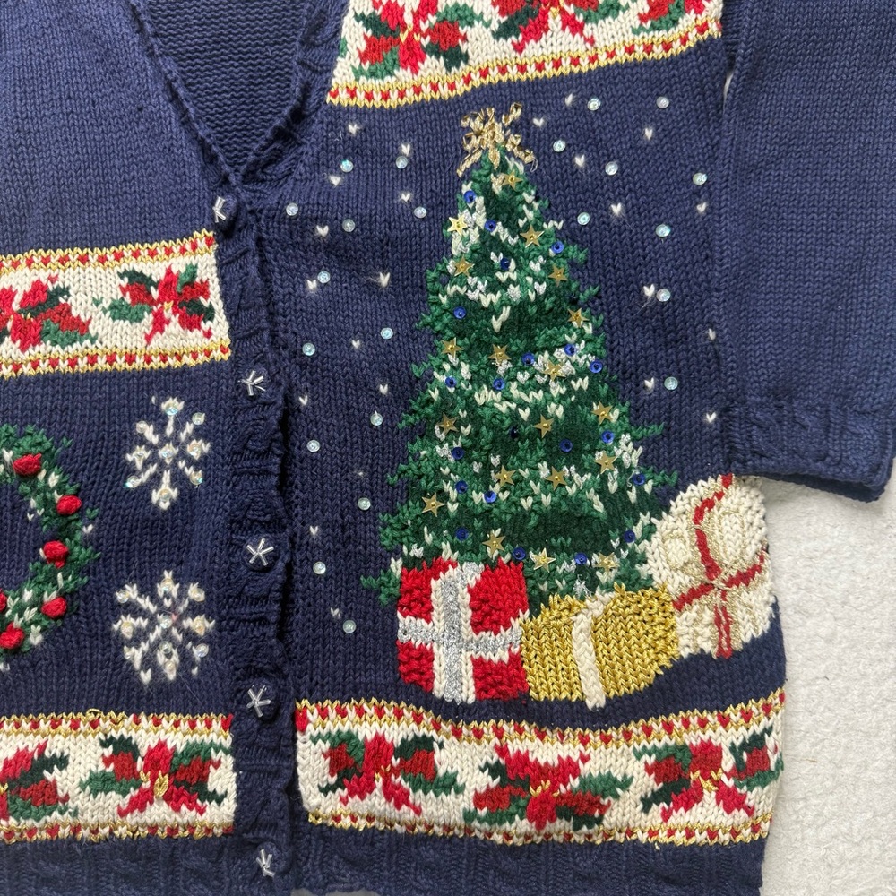Vintage Casual Corner Blue  Holiday Christmas‎ Cardigan Sweater Large Knit - Picture 8 of 16